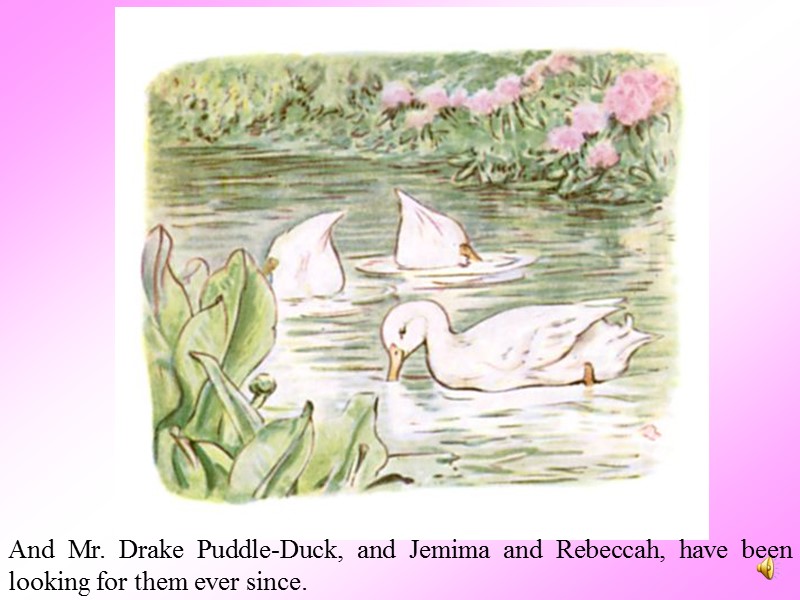 And Mr. Drake Puddle-Duck, and Jemima and Rebeccah, have been looking for them ever